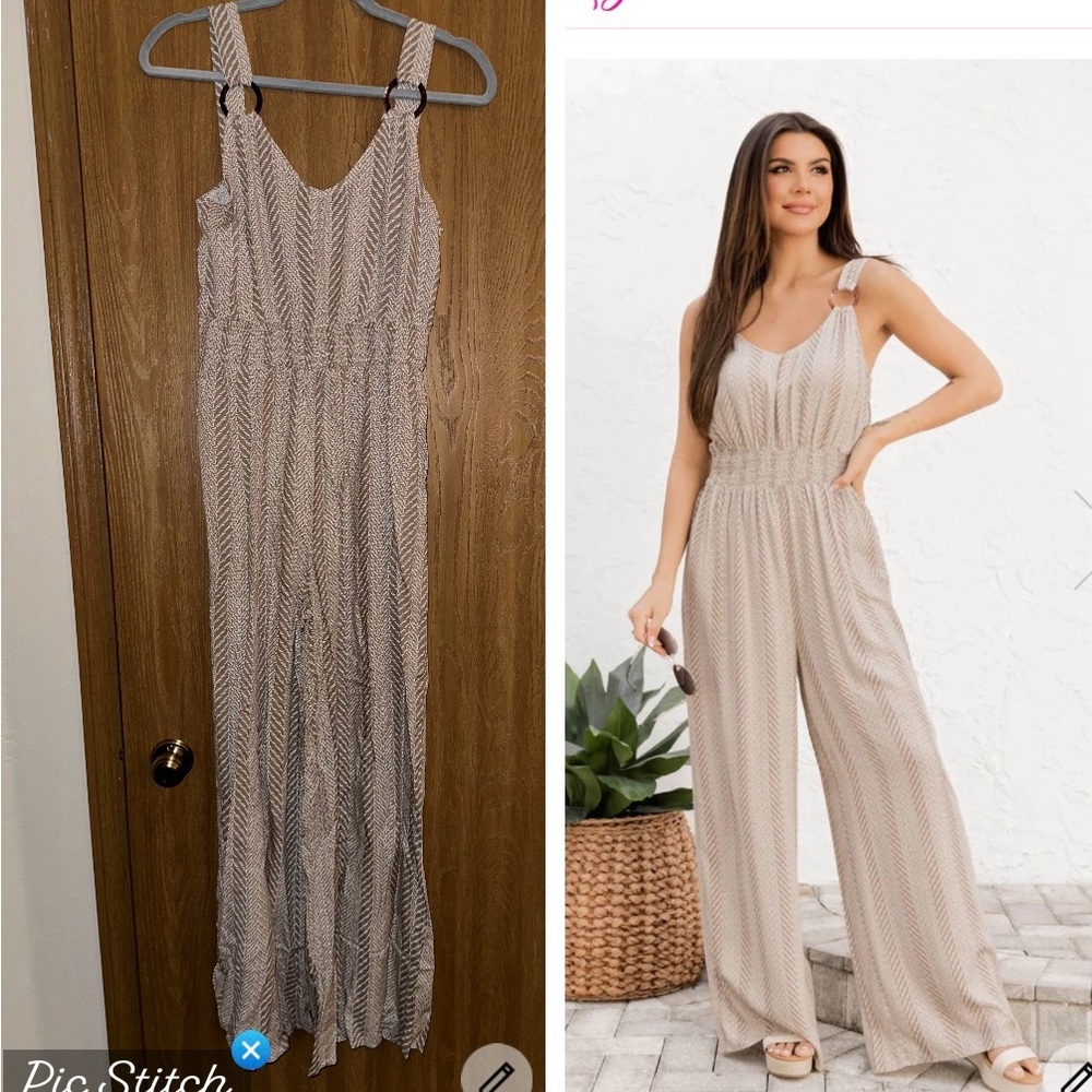 TAKE ME BACK BROWN STRIPE JUMPSUIT sz S * NEW*